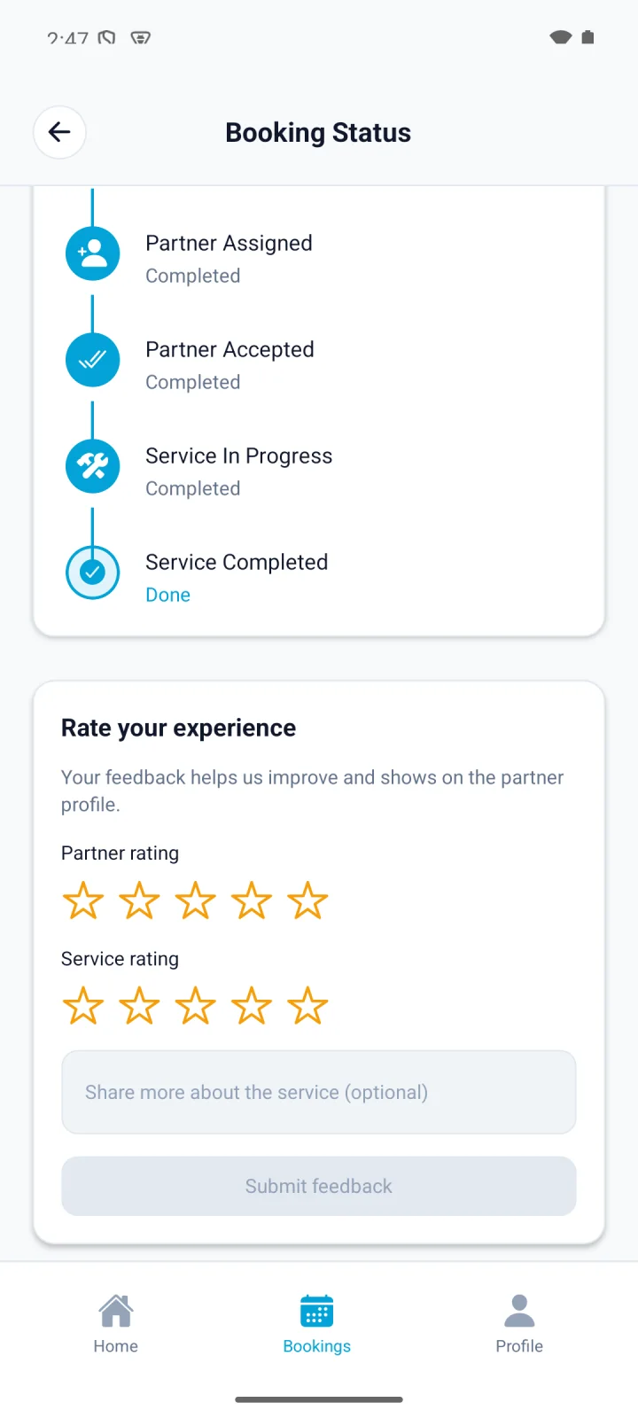 CoolVolt app: booking status from confirmed to completed